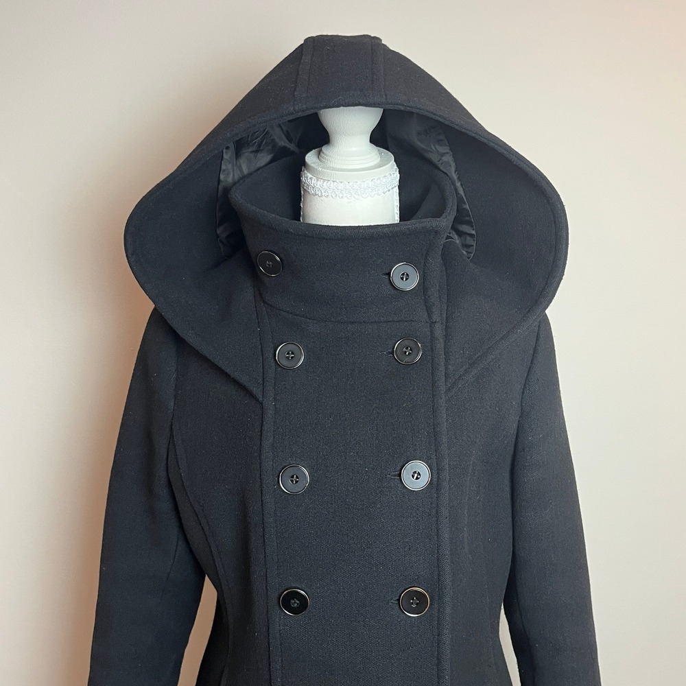 Soia & Kyo Black Wool Blend Hooded Double Breasted Coat Made in Canada Women XS
